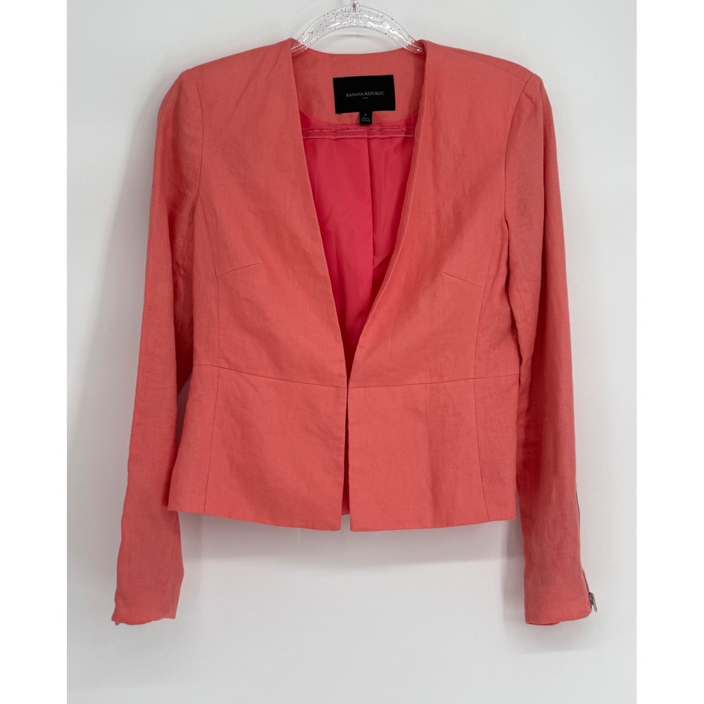 Banana Republic Womens Coral Pink 100% Linen Collarless‎ Blazer Jacket Sz 2